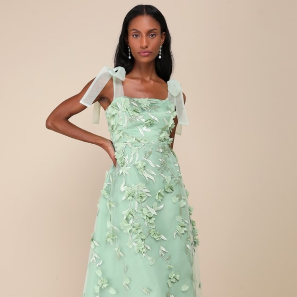 Lulus Effortlessly Sweet Sage Tulle 3d Floral Tie-strap Midi Dress Green